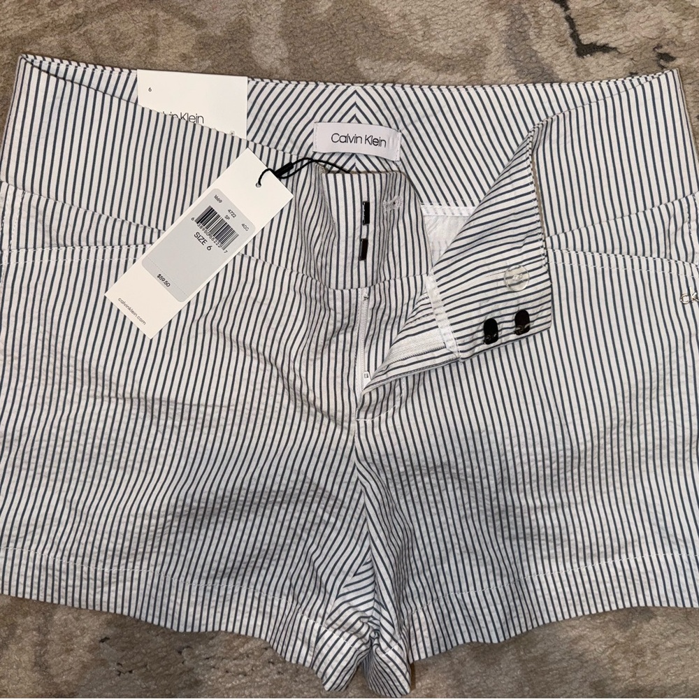 Calvin Klein Women's High Waist Pinstripe Shorts - Navy and White